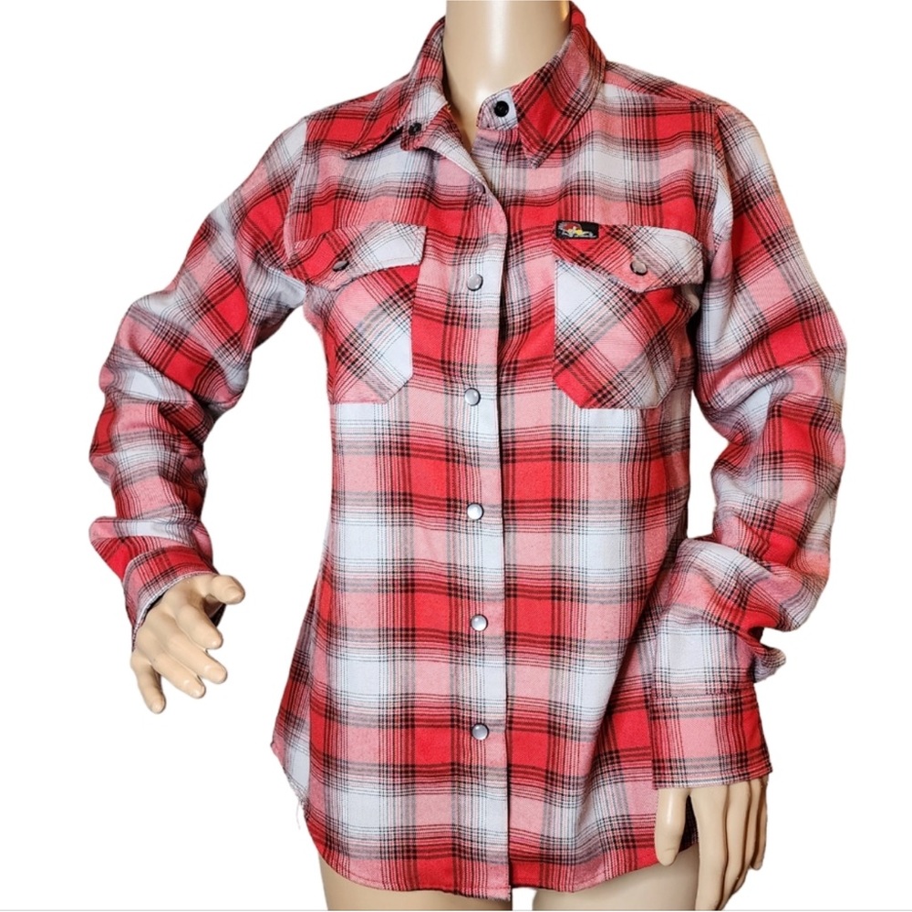 NWT DIXXON MR HORSEPOWER red plaid flannel. Women's size small. Snap button